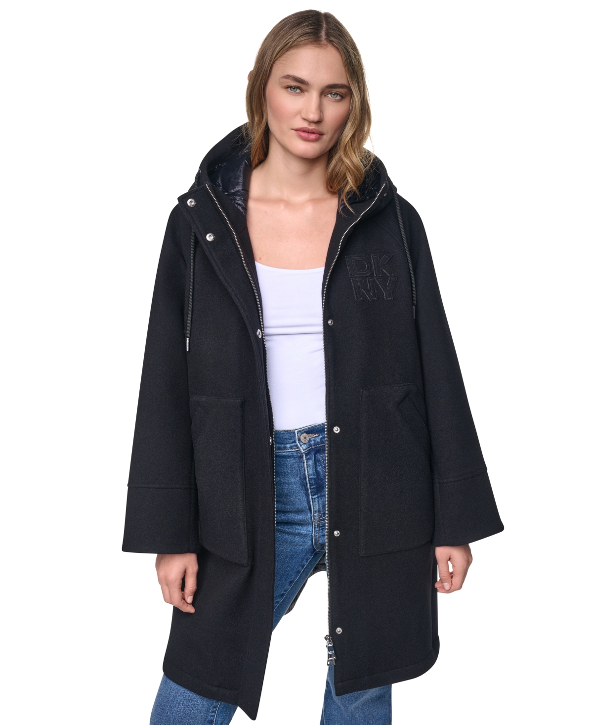 Dkny Jeans Women's Mix Media Hooded Quilted Puffer Coat - Black