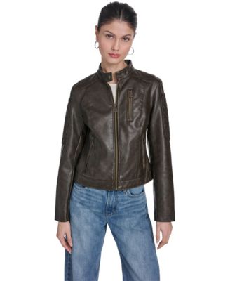 Women's Faux Leather Moto Stand-Collar Jacket