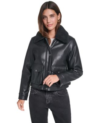 Women's Detachable Sherpa Collar Faux Leather Jacket