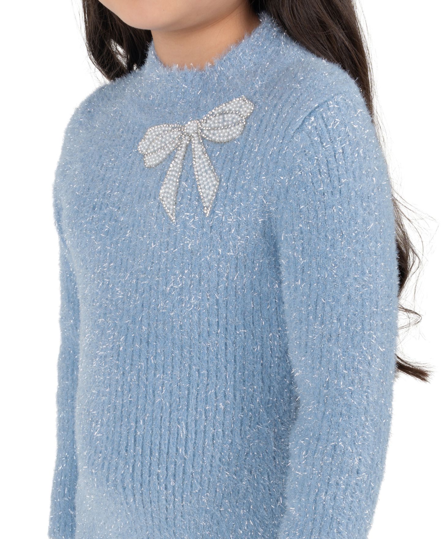 Платье Rare Editions Metallic Rib Knit A-Line with Rhinestone Bow Detail для девочек, цвет: Синий — фото 2