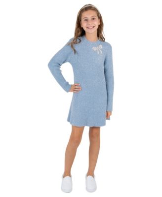 Girls' 4-16 Long-Sleeve Fit-and-Flare Sweater Knit Dress with Rhinestone Bow Trim