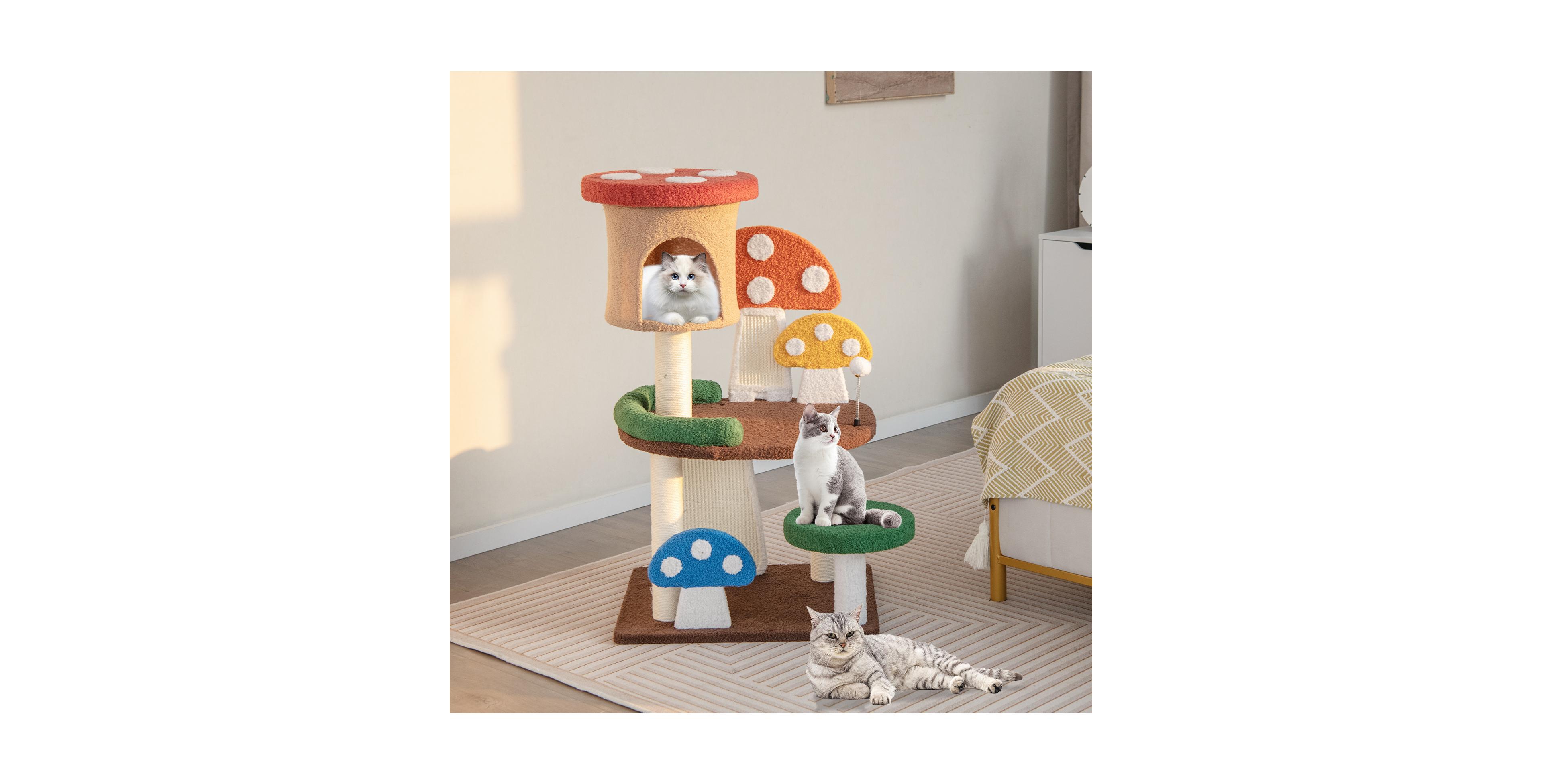 Zeny 4-In-1 Mushroom Cat Tree with Condo, Spring Ball and Posts