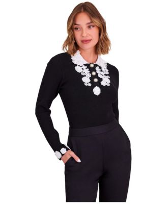 Women's Sweetie Point Collar Floral Applique Knit Pullover