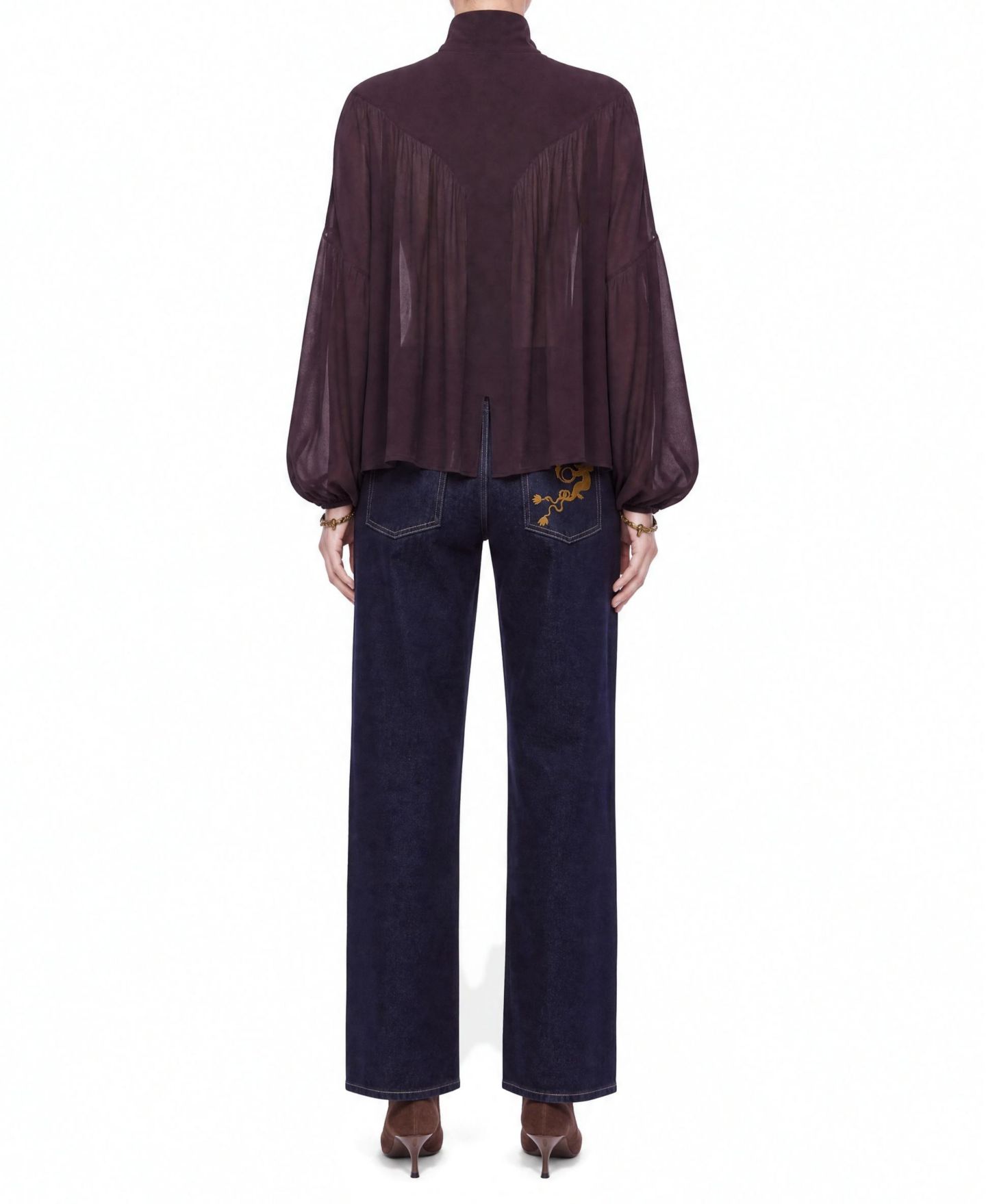 Женская блузка NOCTURNE Stand Collar Long-Sleeve Sheer, цвет: Коричневый — фото 4