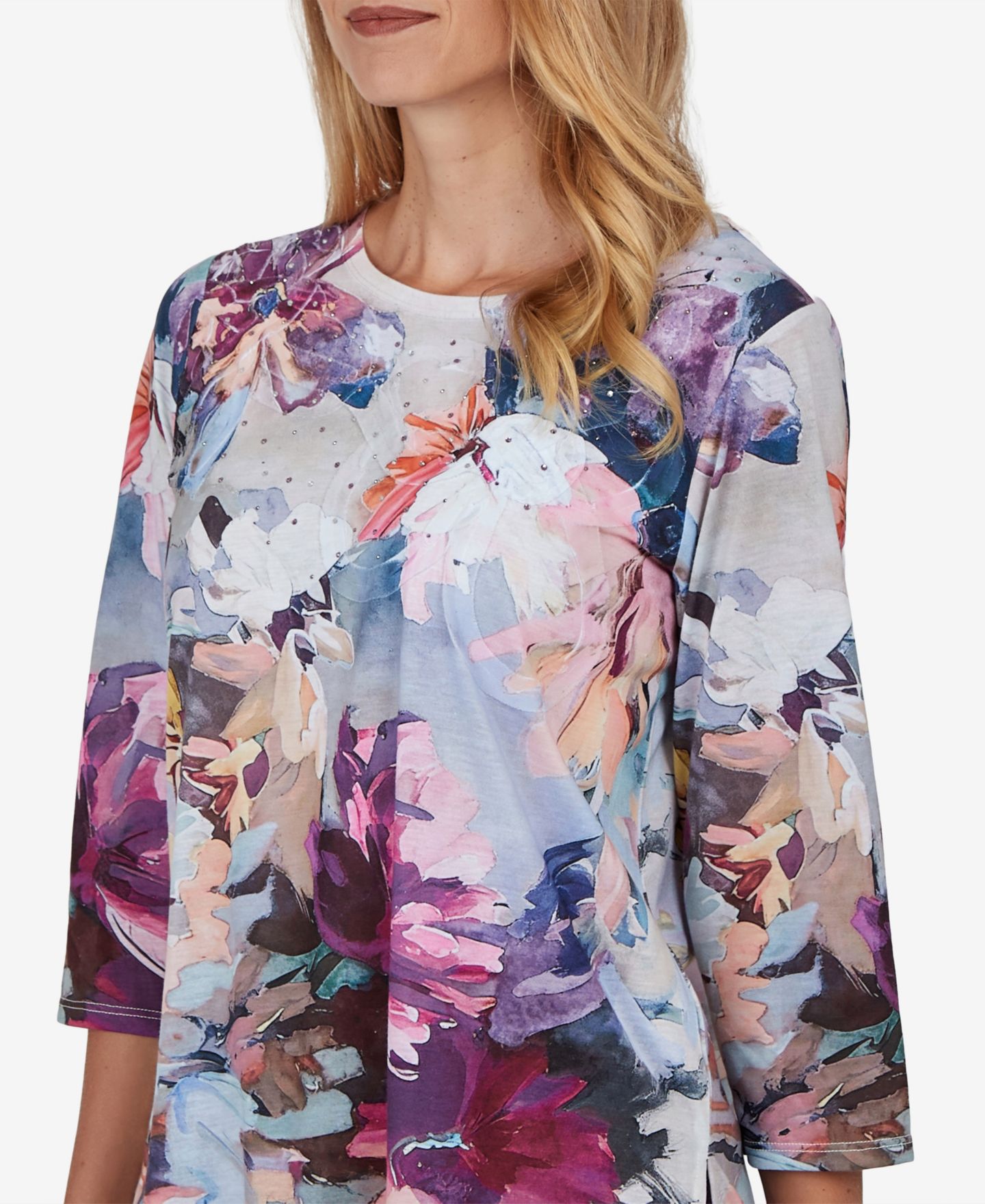 Женская футболка Alfred Dunner Petite Floral-Print 3/4-Sleeve, цвет: Разноцветный — фото 4