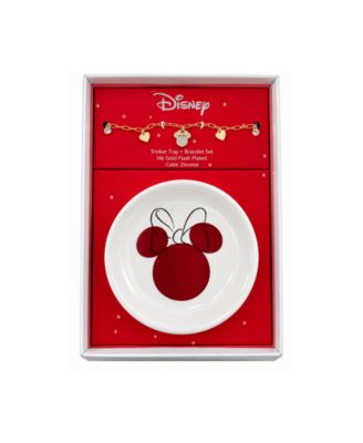 Cubic Zirconia Gold-Tone Minnie Mouse Charm Bracelet and Trinket Tray, 2-Piece Set