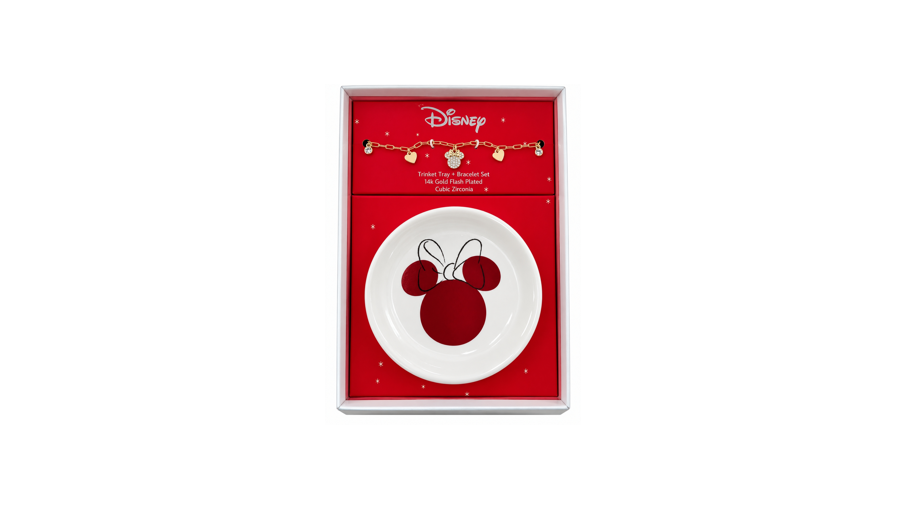 Disney Cubic Zirconia Gold-Tone Minnie Mouse Charm Bracelet with Trinket Tray, 2-Piece Set