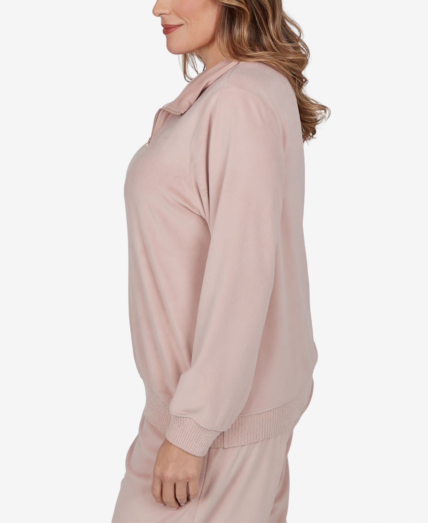 Женский топ Alfred Dunner Plus Size Quarter-Zip Stand-Collar Long-Sleeve, цвет: Розовый — фото 3