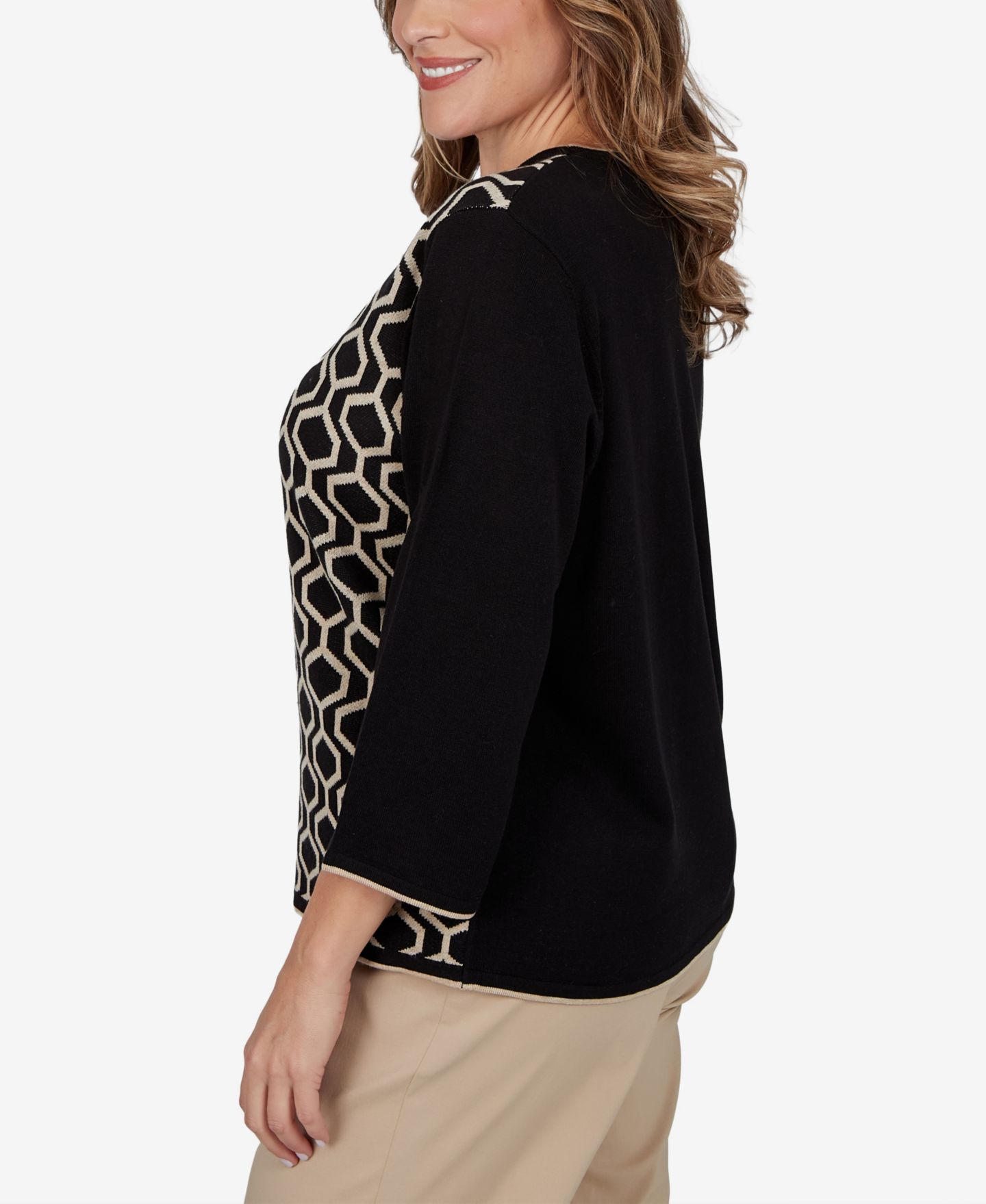 Женский свитер Alfred Dunner Plus Size Crewneck 3/4-Sleeve Pullover, цвет: Чёрный — фото 3