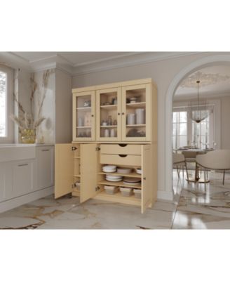 Solid Wood Kitchen Pantry China Cabinet, 48.5"W x 71.5"H, Frosted Glass and Raised Panel Doors, 2 Drawers, Adjustable Shelves