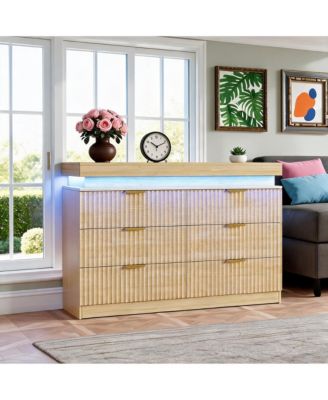 6 Drawer Fluted Dresser with RGB LED Lights and Charging Station, 47 Inch Wood Media Console, Anti-Tip Design for Living Room
