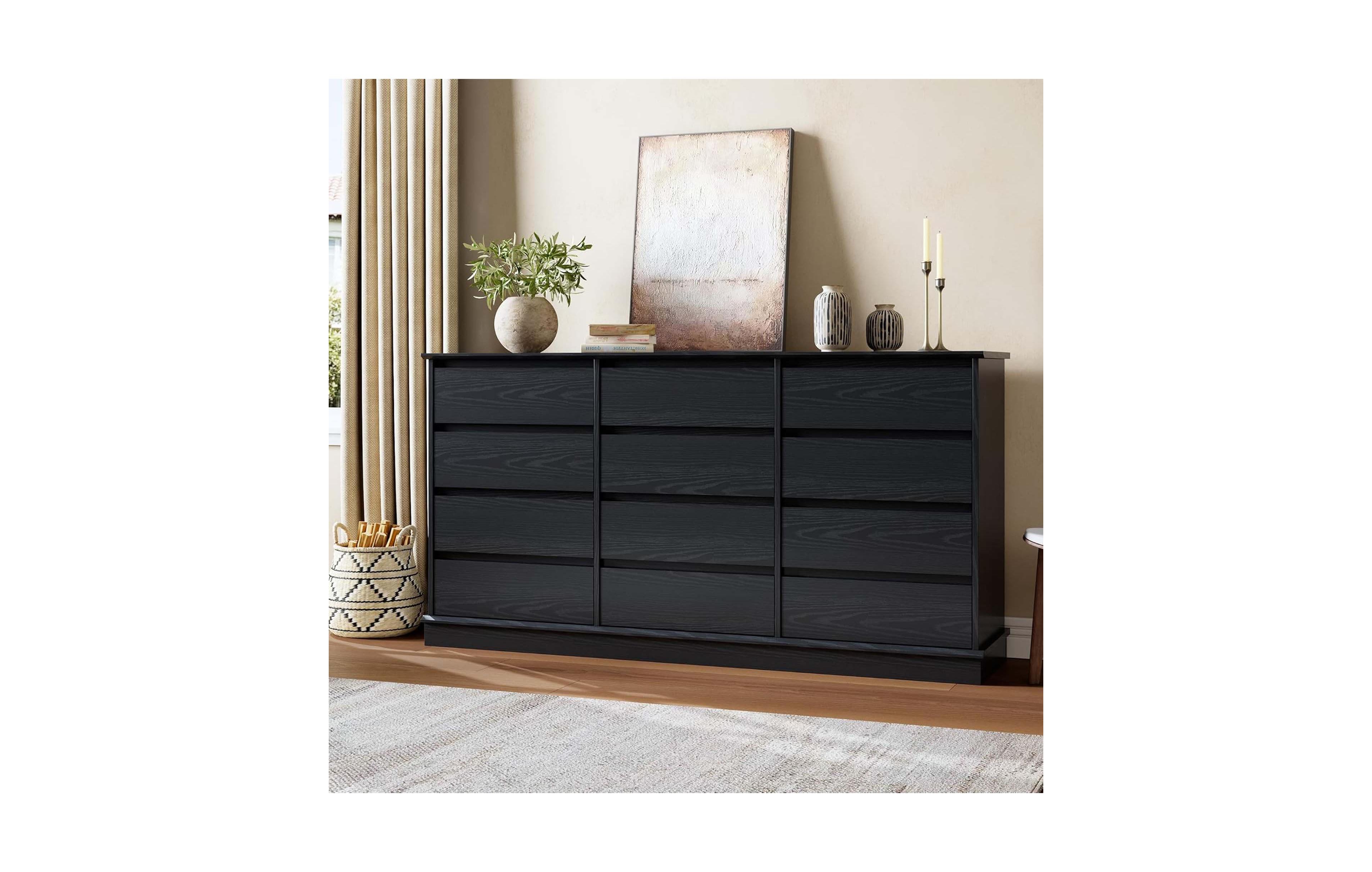 homfan 63 Inch 12 Drawer Wooden Dresser Deep Storage Chest with Wide Top Mdf Horizontal Double Dresser for Bedroom Living Room