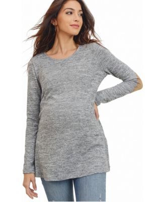 Maternity Long-Sleeve Contrast Elbow Patch Side-Slit Tunic Top