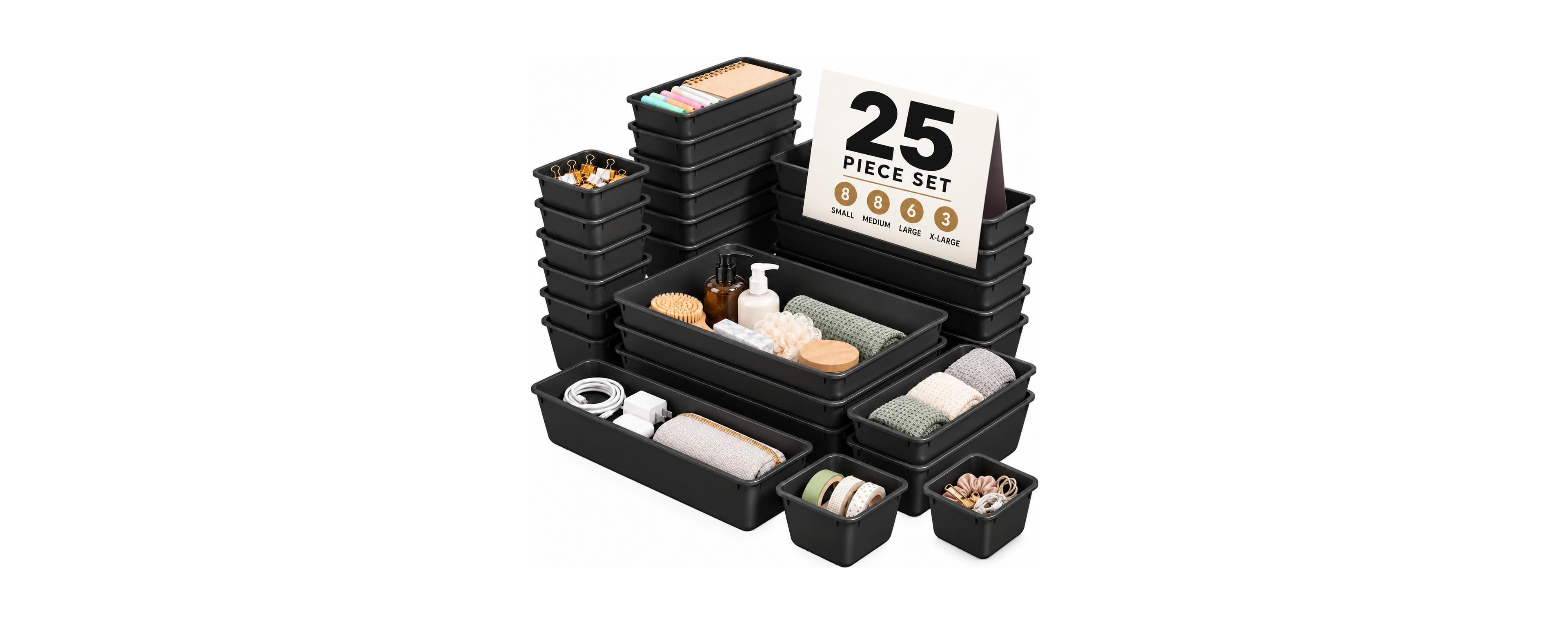 Four Candies 25 Pack Plastic Drawer Organizer Set 4 Sizes Multi Purpose Storage Trays