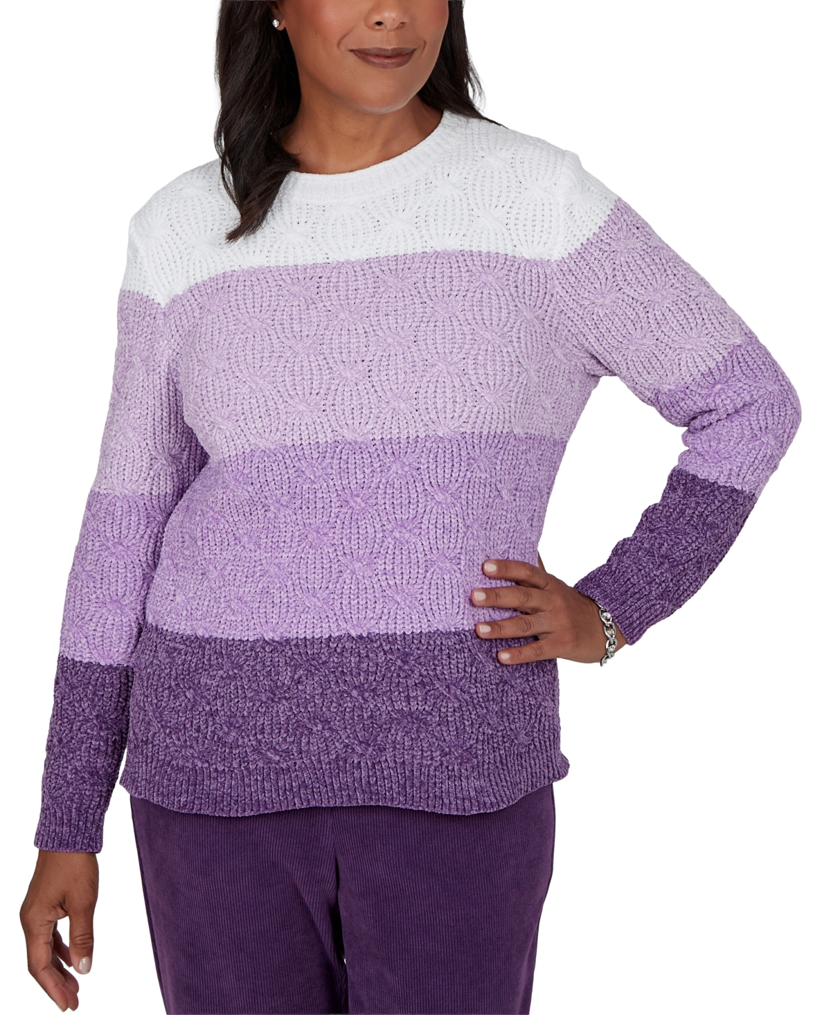 Alfred Dunner Petite Colorblock Cable-Knit Pullover Sweater - Amthyst