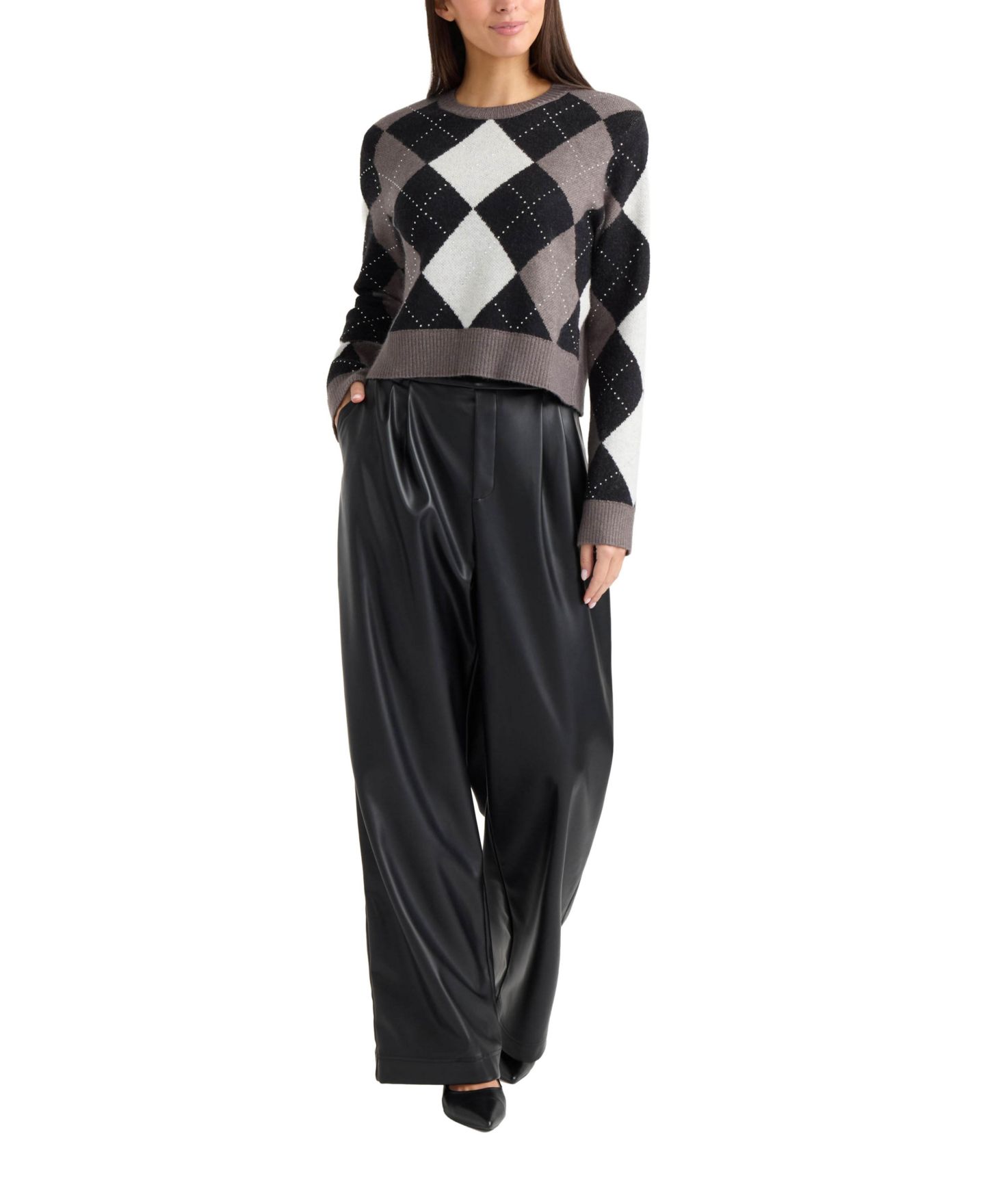 Женские брюки Ellen Tracy Pleated Wide-Leg Faux Leather, цвет: Чёрный — фото 4