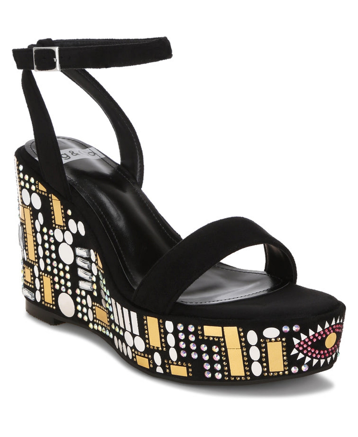 Rag & Co Womens Metropolis Mosaic Embellished Wedge Party Sandals - Black suede