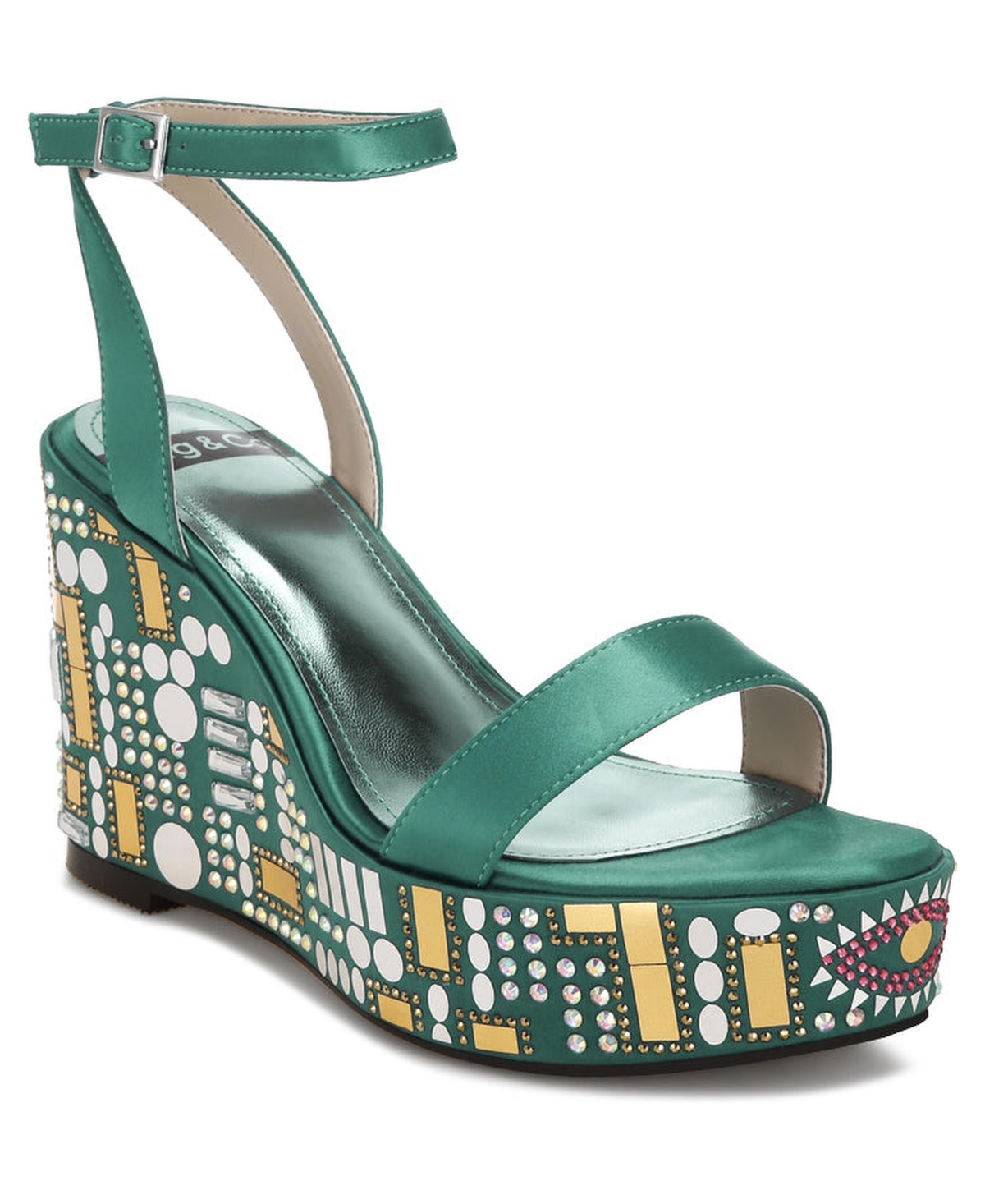 Rag & Co Womens Metropolis Mosaic Embellished Wedge Party Sandals - Green satin