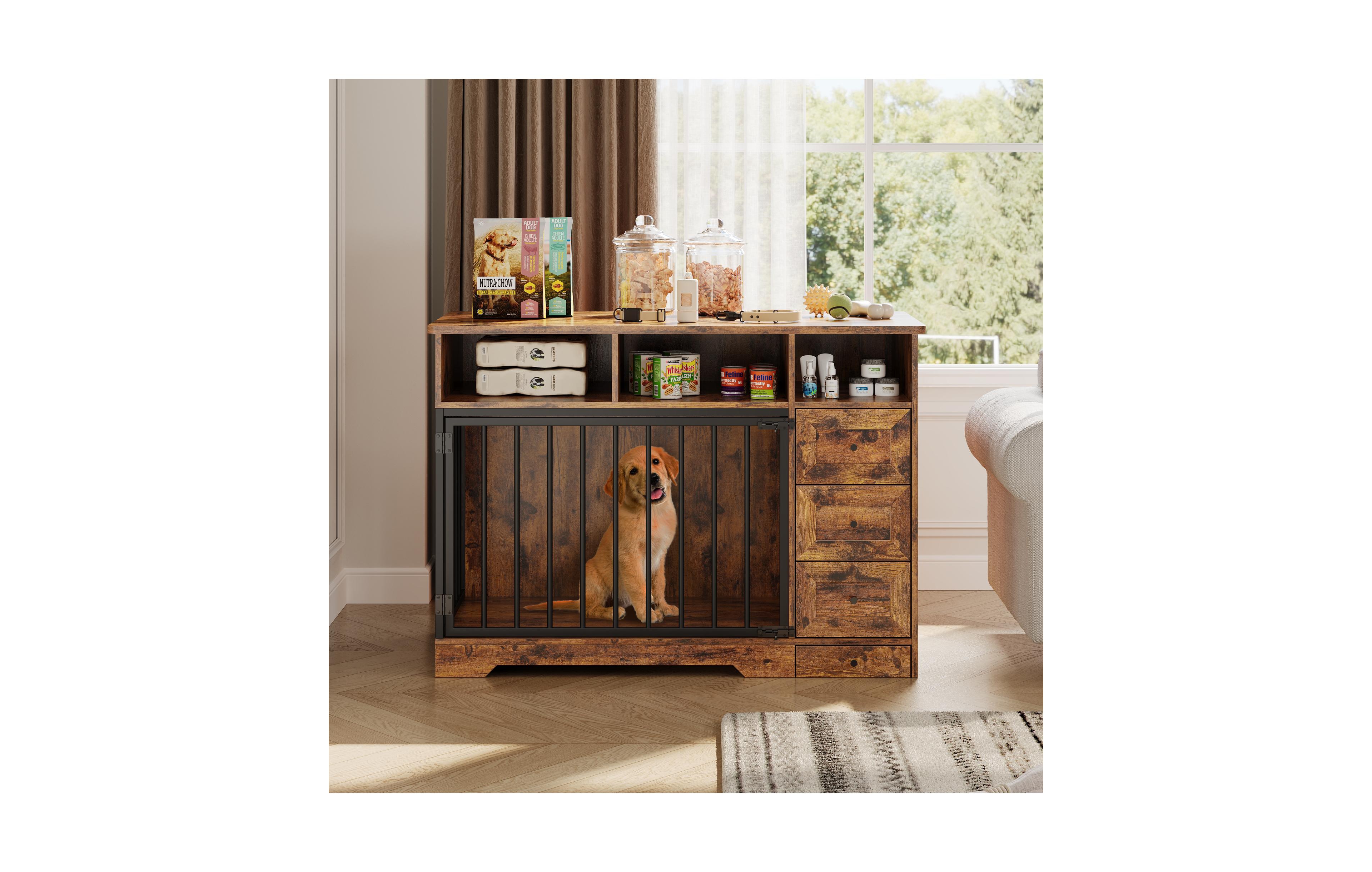 Lalfpet 48" Farmhouse Dog Crate Furniture with Food Bowl and Storage Drawers - Heavy Duty Indoor Kennel End Table for Medium Dogs