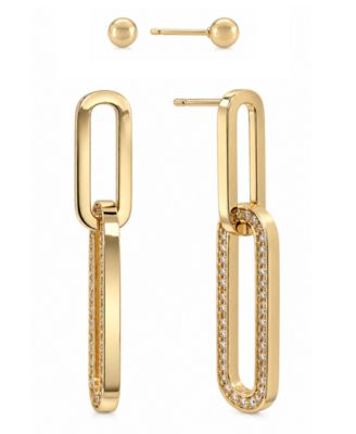 High Polished Ball Stud and Post Paper Clip Clear Crystal Drop Earring Set, Gold Plate