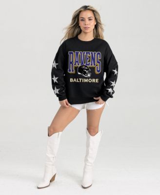 Women's Black Baltimore Ravens Pure Victory Rhinestud Star-Sleeve Pullover Sweatshirt