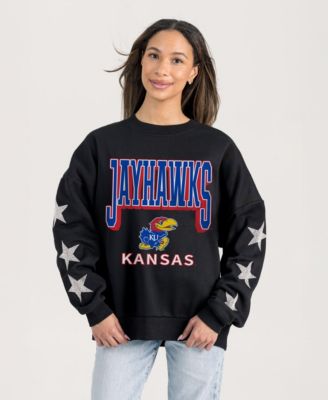 Women's Black Kansas Jayhawks Pure Victory Relaxed Rhinestone Pullover Sweatshirt