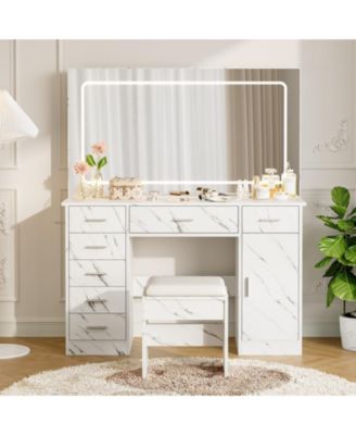 Makeup Vanity Table Set with LED Lighted Mirror, 7 Drawers, Side Cabinet, Built-in Charging Station and Cushioned Stool, Dressing Table