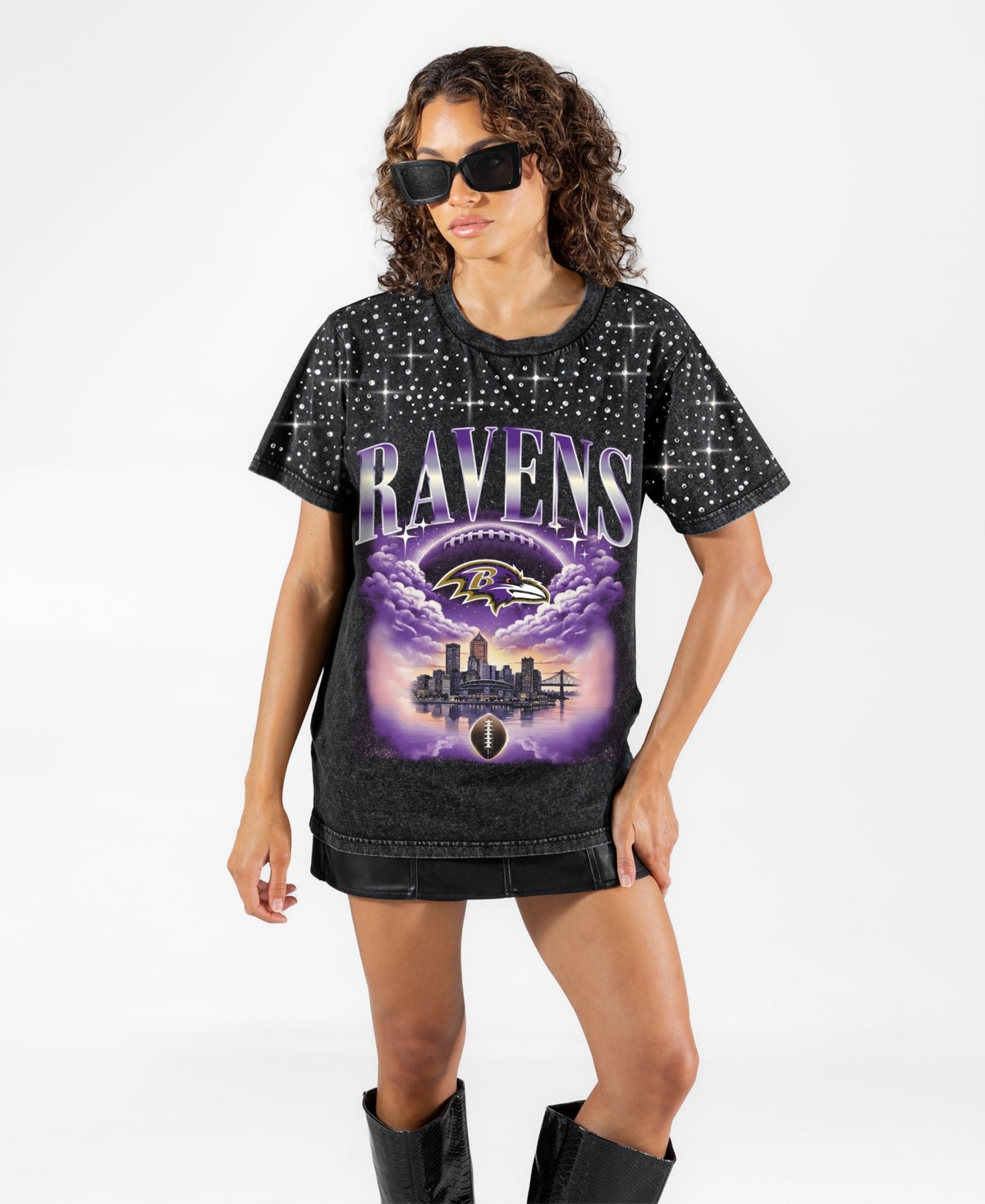 Gameday Couture Women's Black Baltimore Ravens Sky's the Limit Washed Micro Rhinestone T-Shirt - Black