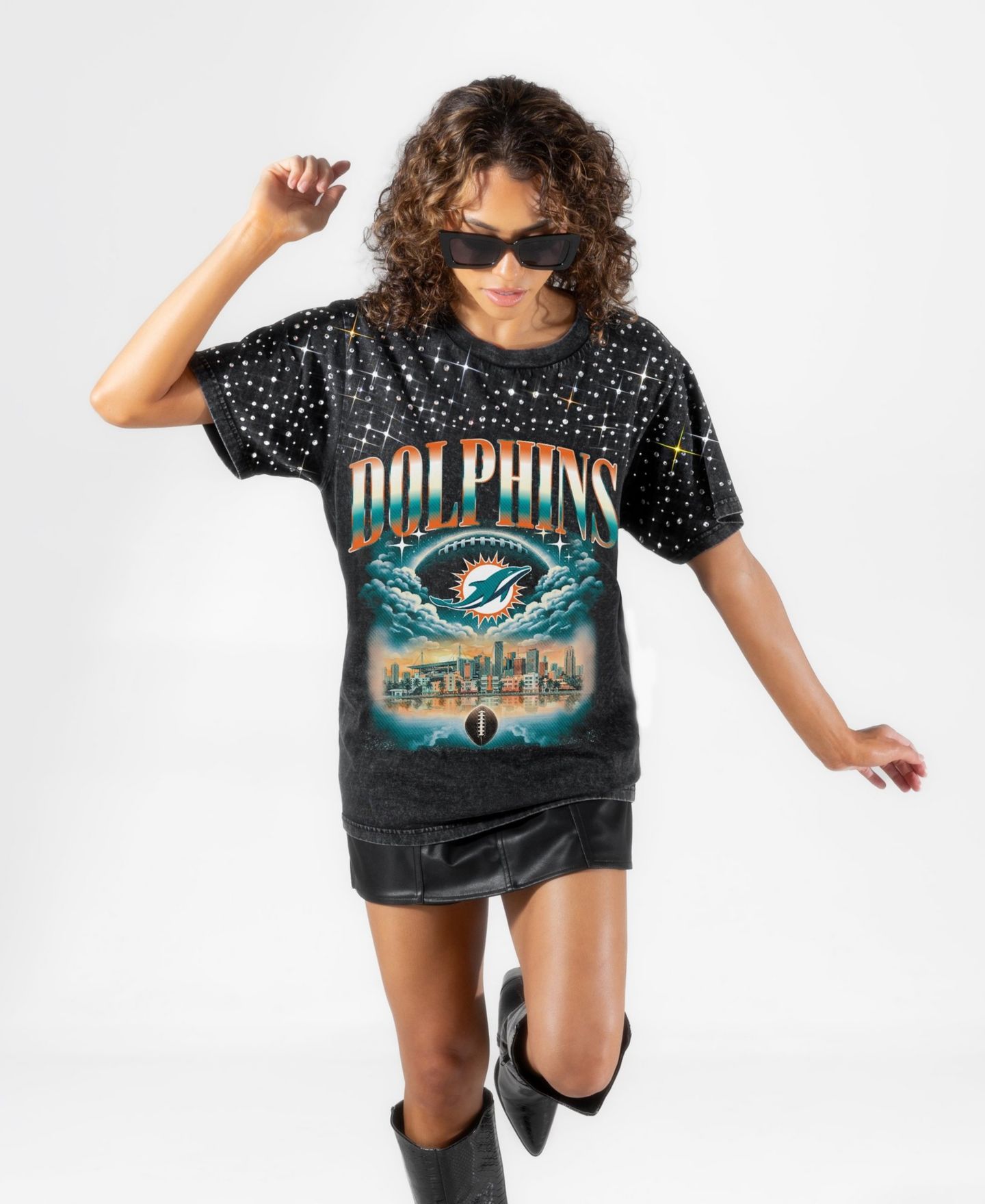 Женская футболка Gameday Couture Black Miami Dolphins Sky's the Limit Washed Micro Rhinestone — фото 3