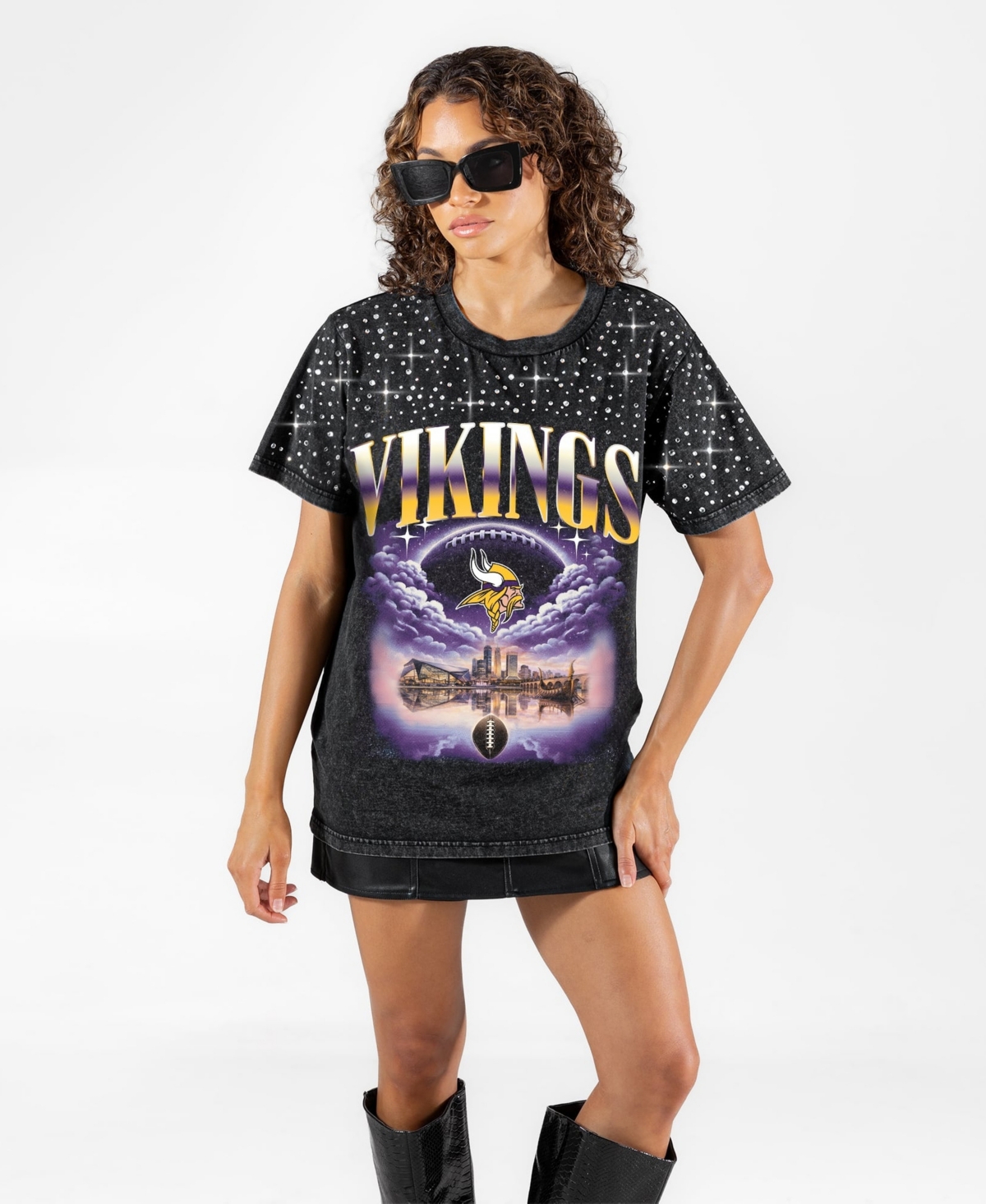Gameday Couture Women's Black Minnesota Vikings Sky's the Limit Washed Micro Rhinestone T-Shirt - Black