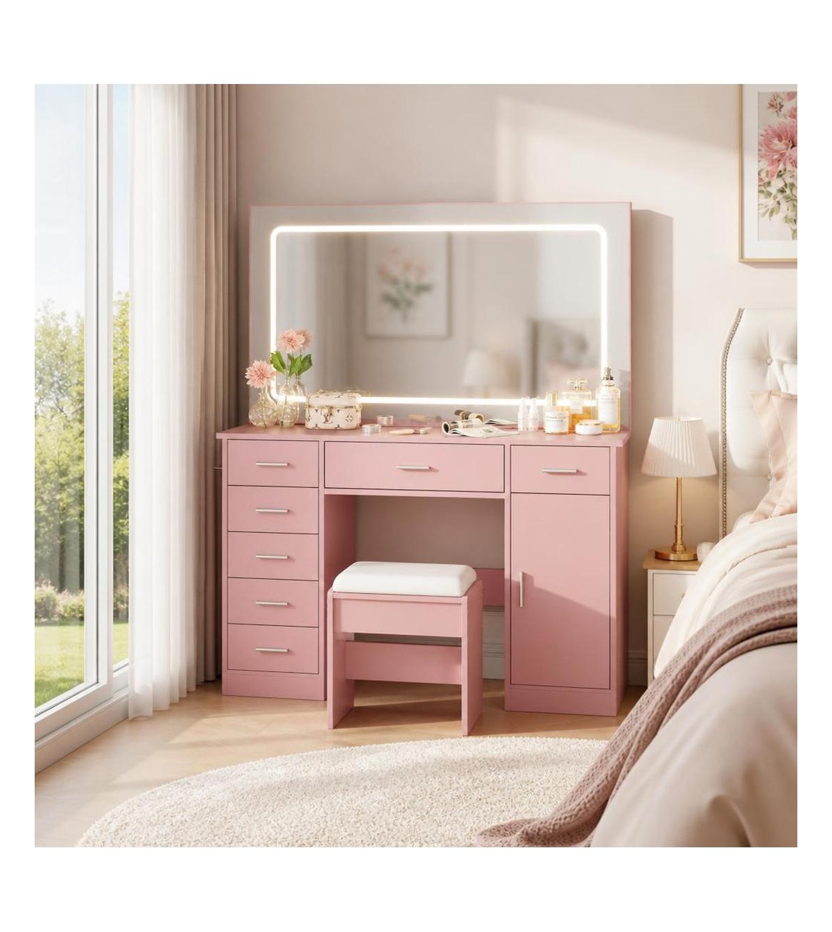 gaomon Makeup Vanity Table Set with Led Lighted Mirror, 7 Drawers, Side Cabinet, Built-in Charging Station and Cushioned Stool, Dressing Table - Pink