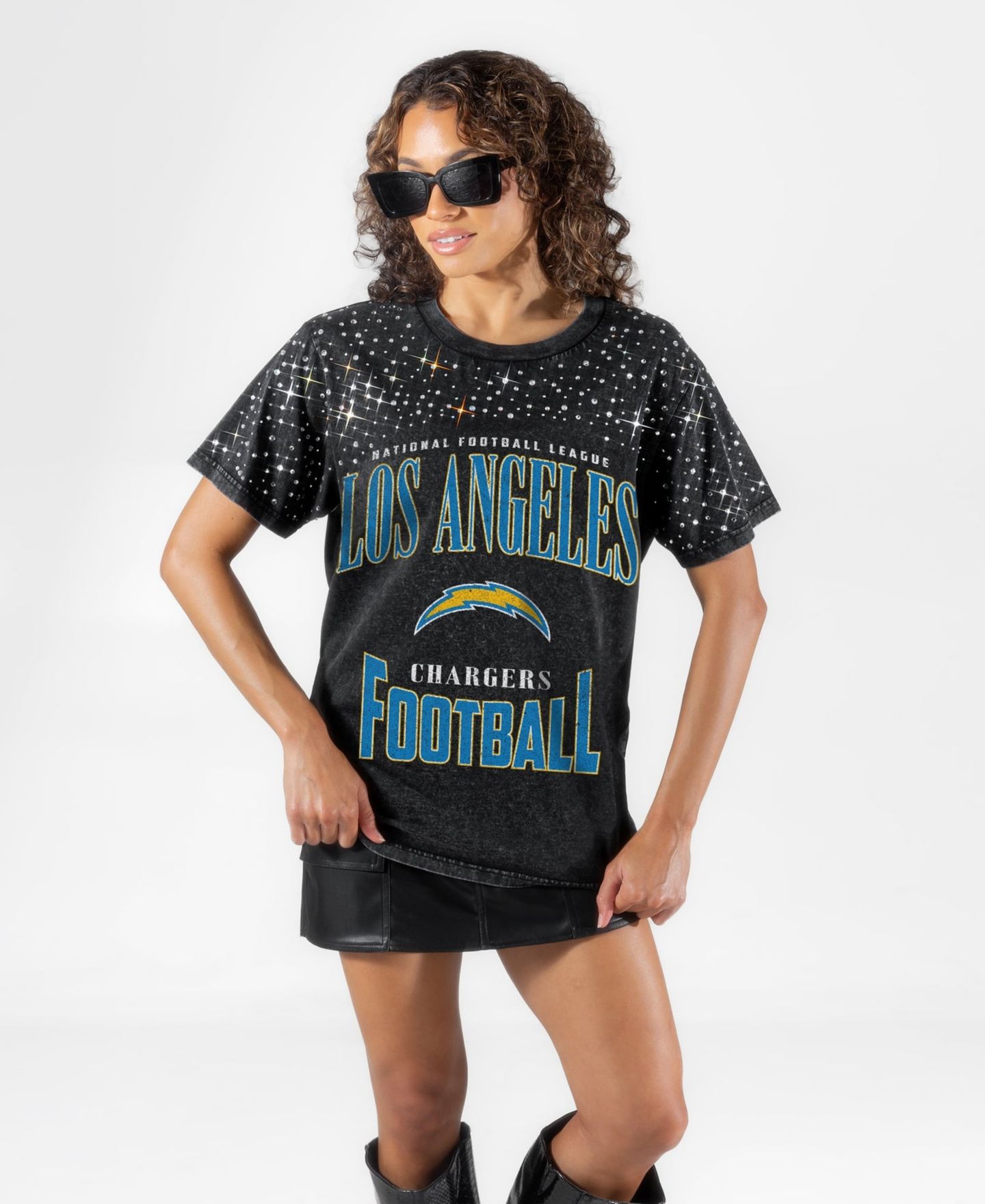 Женская футболка Gameday Couture Black Los Angeles Chargers In the Zone Washed Micro Rhinestone — фото 1