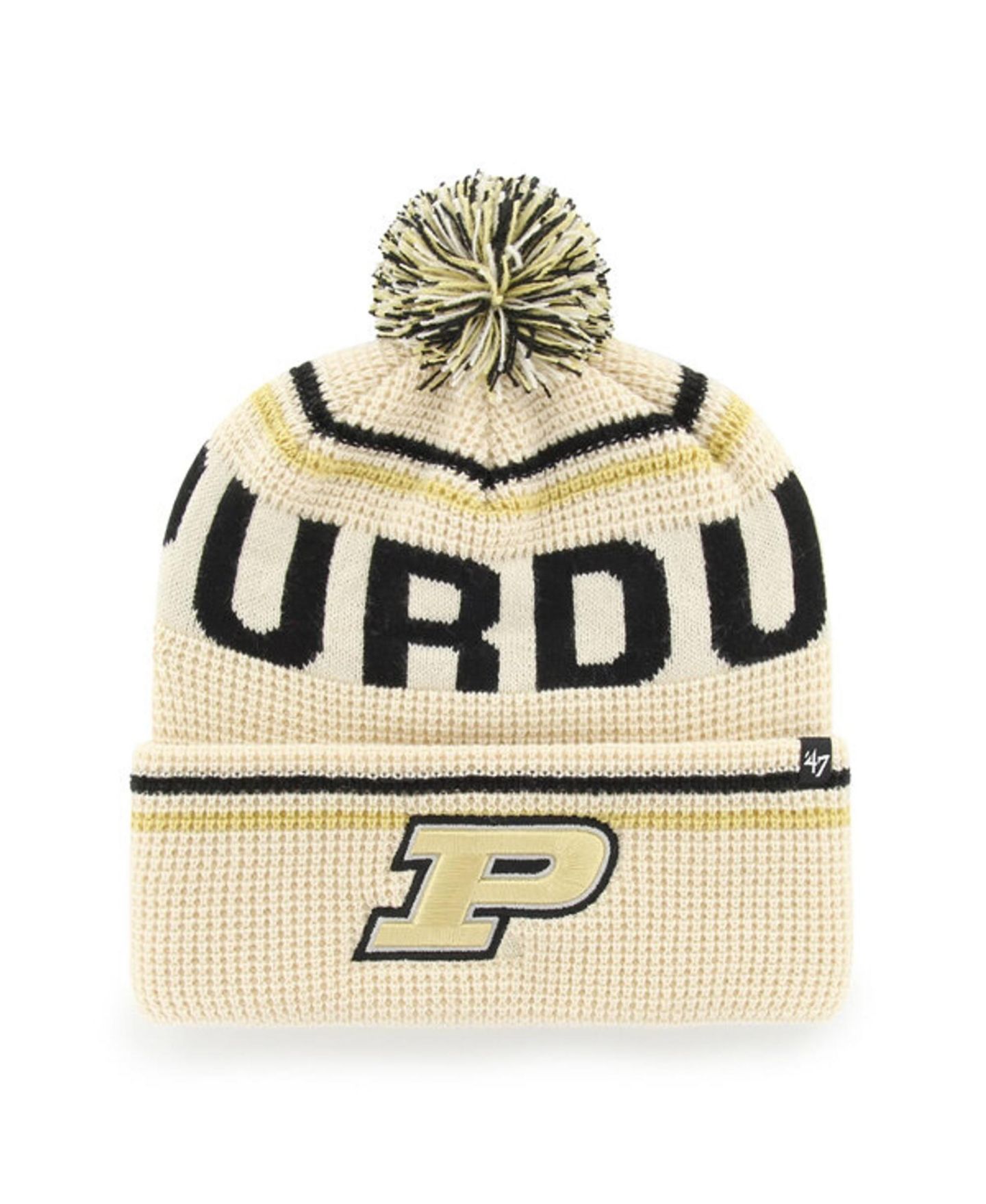 Головной убор '47 Brand Cream Purdue Boilermakers Quattrle Waffle Cuffed Knit Pom Hat — фото 1