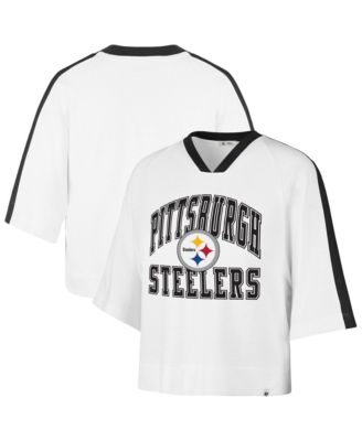 Women's White Pittsburgh Steelers Big Overarch Drop Needle Raglan V-Neck T-Shirt