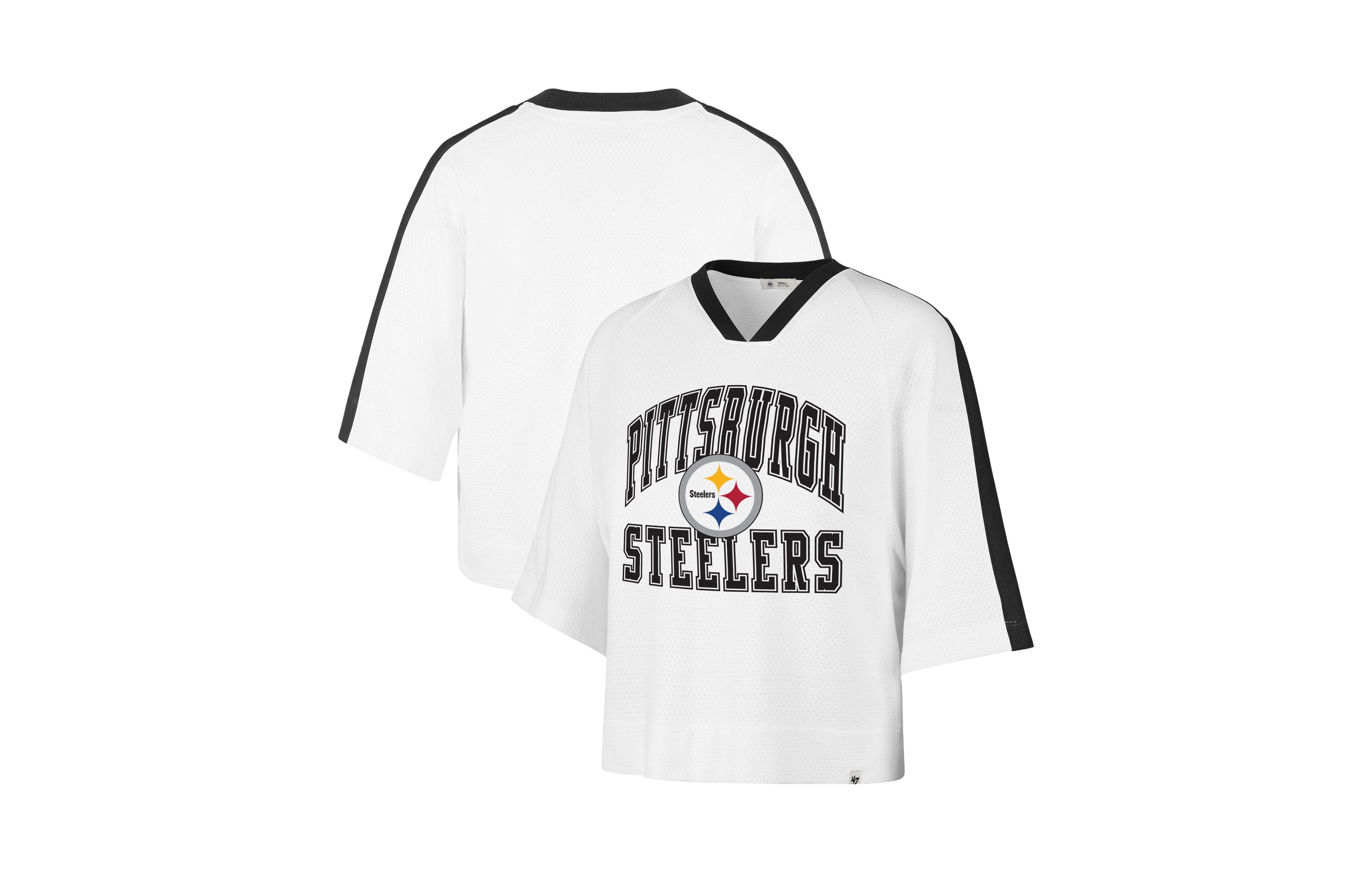 '47 Brand Women's White Pittsburgh Steelers Big Overarch Drop Needle Raglan V-Neck T-Shirt