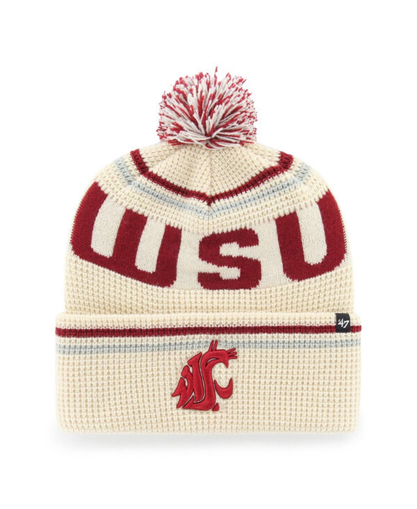 Головной убор '47 Brand Cream Washington State Cougars Quattrle Waffle Cuffed Knit Pom Hat — фото 1