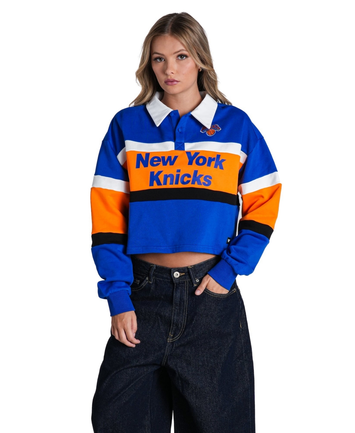 The Wild Collective Women's Blue New York Knicks Long-Sleeve Crop Polo - Blue