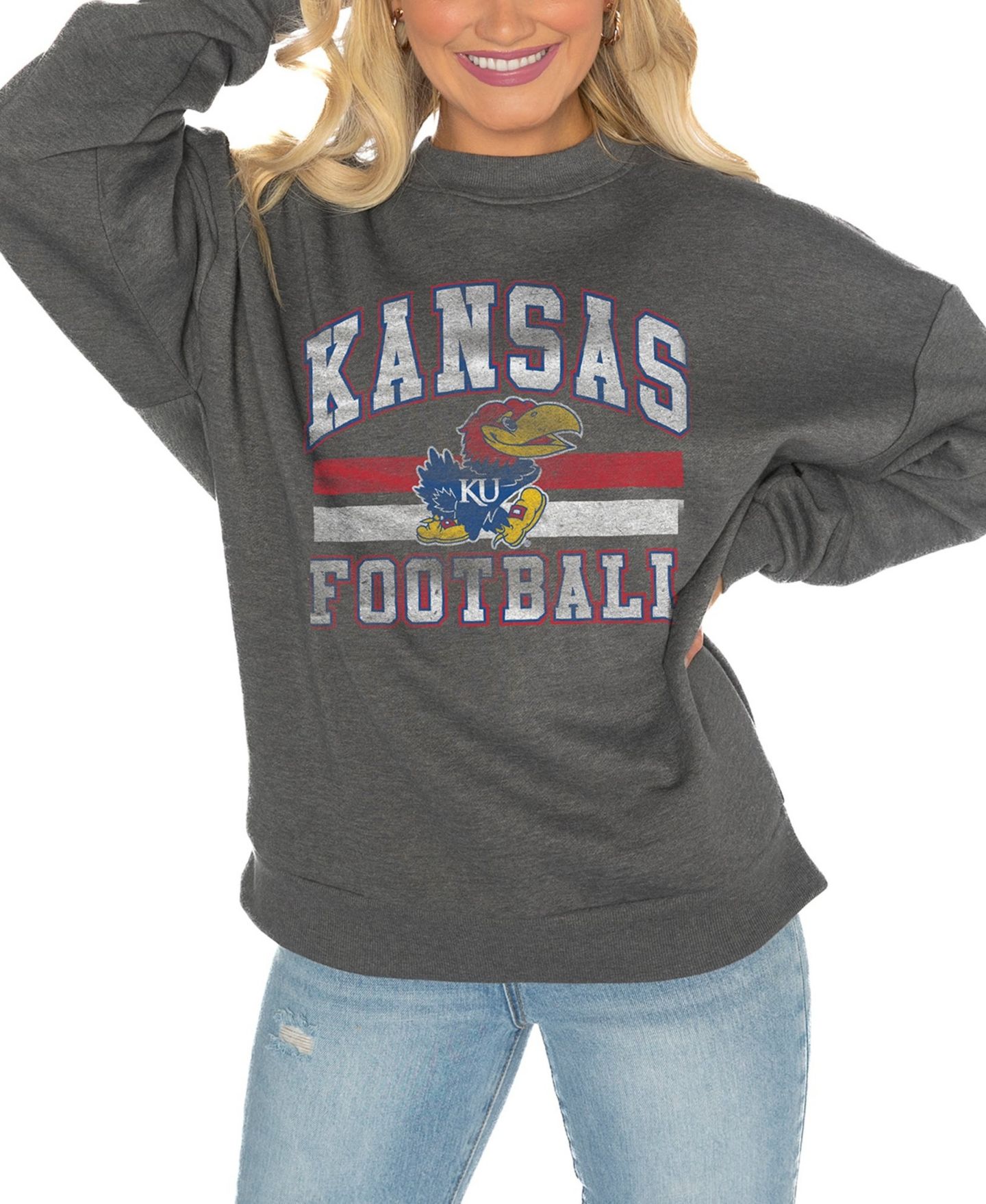 Женская толстовка Gameday Couture Kansas Jayhawks Charcoal Oversized Drop Shoulder Fleece Drop Pullover — фото 1