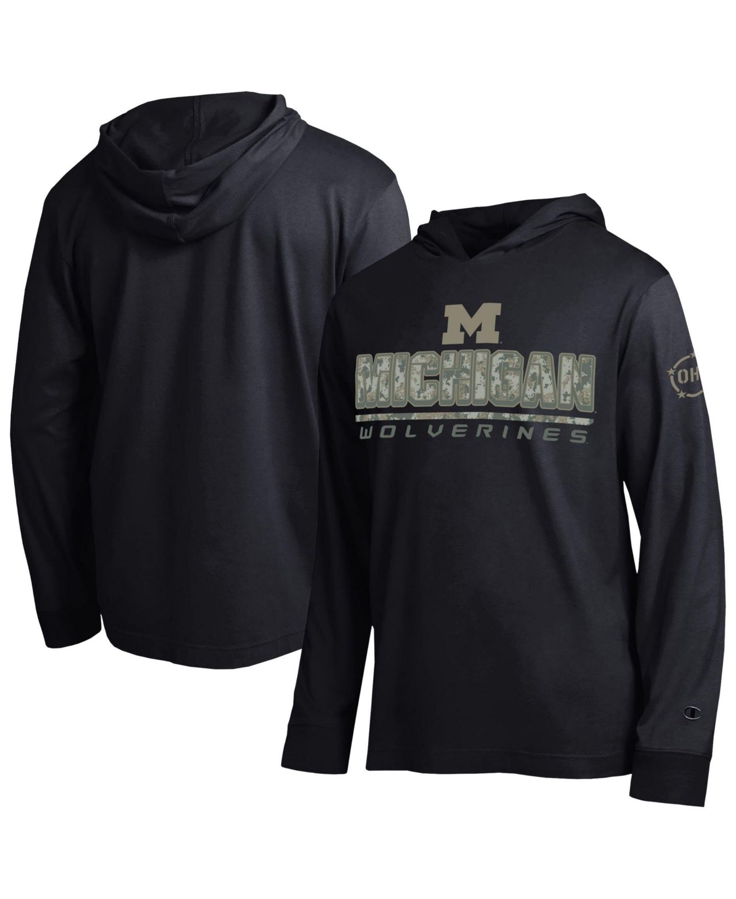 Мужская футболка Champion Black Michigan Wolverines Operation Hat Trick Camo Script Hooded Long-Sleeve — фото 1