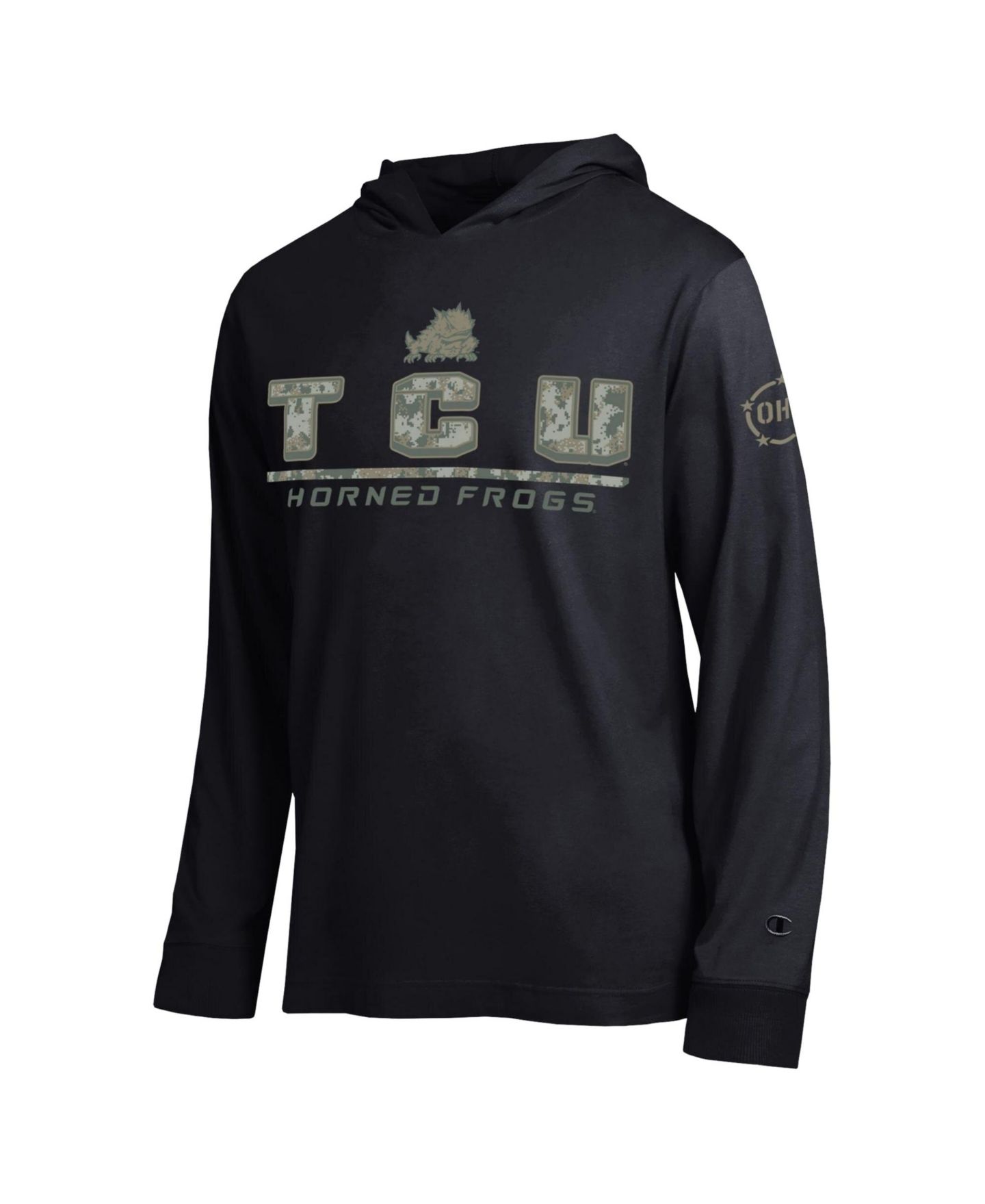 Мужская футболка Champion Black TCU Horned Frogs Operation Hat Trick Camo Script Hooded Long-Sleeve — фото 2