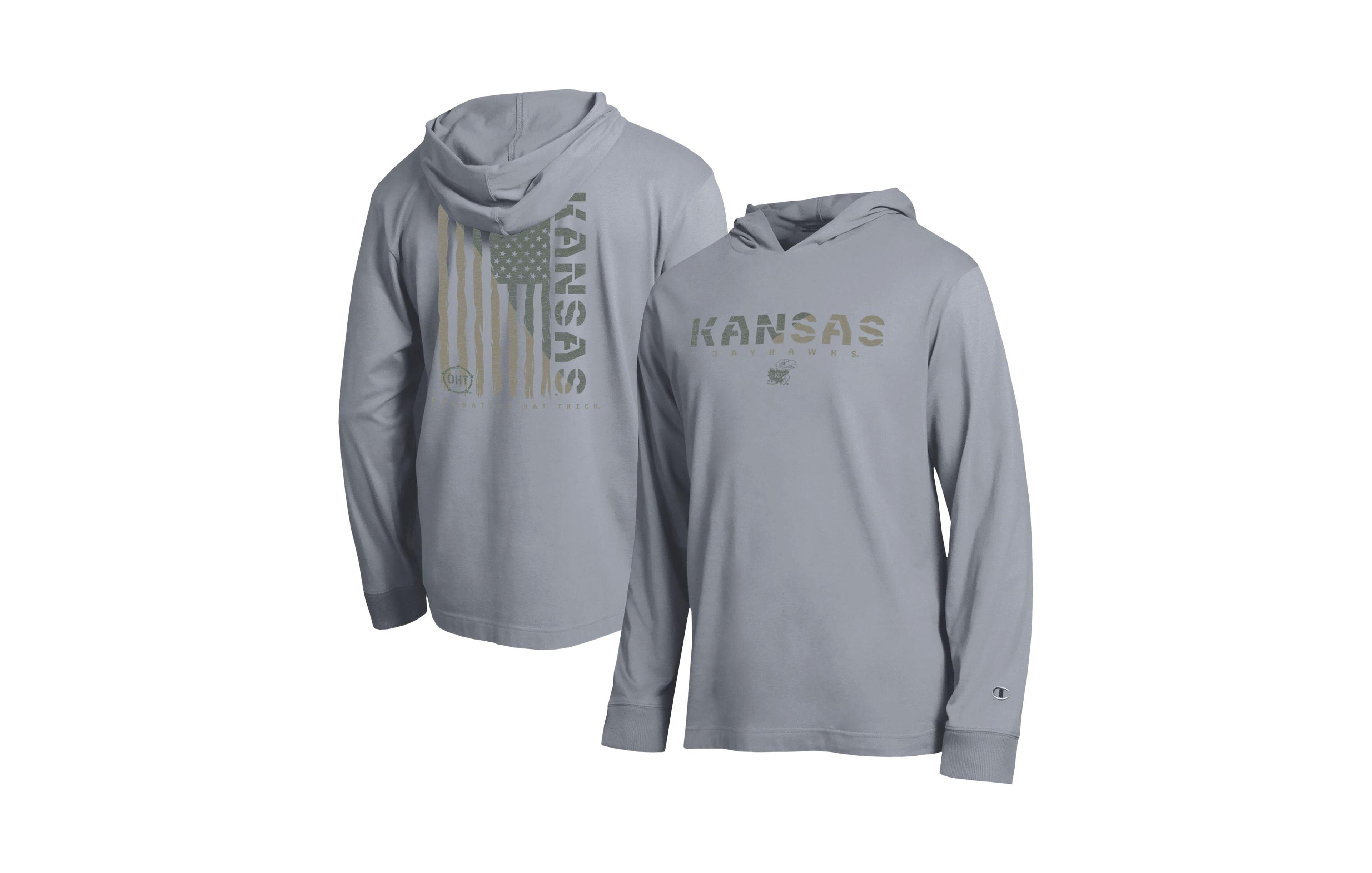 Champion Men's Heather Gray Kansas Jayhawks Operation Hat Trick Flag Hooded Long-Sleeve T-Shirt