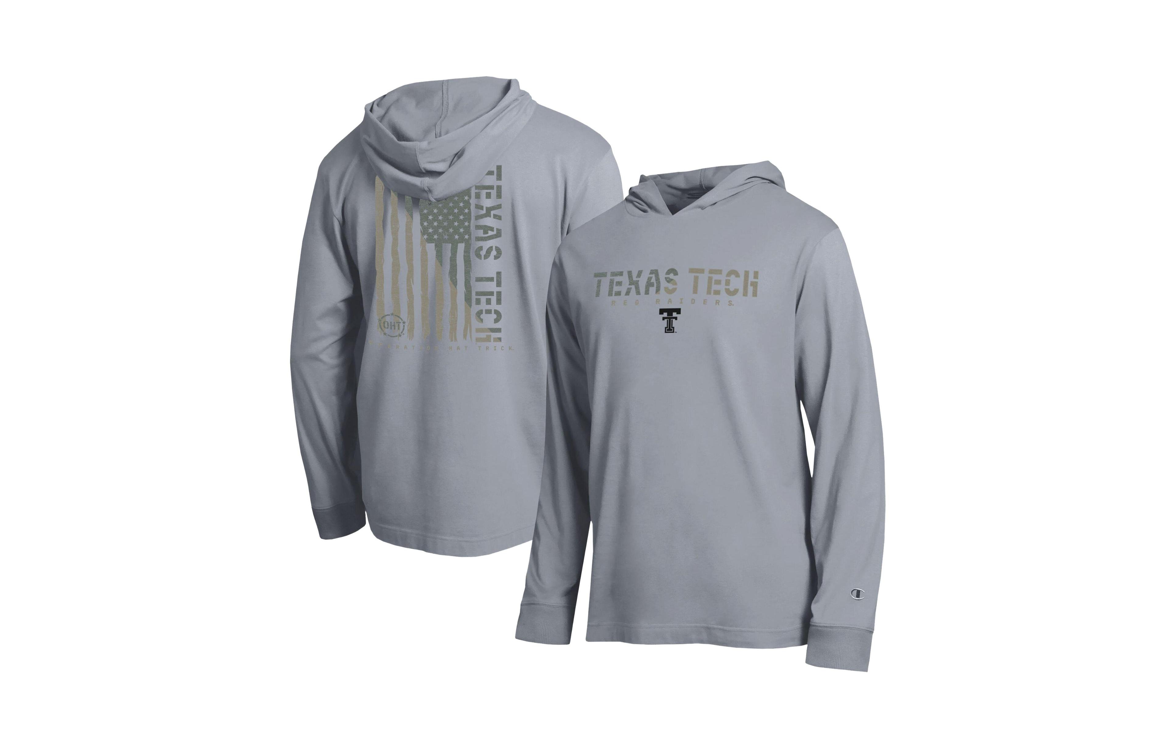 Champion Men's Heather Gray Texas Tech Red Raiders Operation Hat Trick Flag Hooded Long-Sleeve T-Shirt