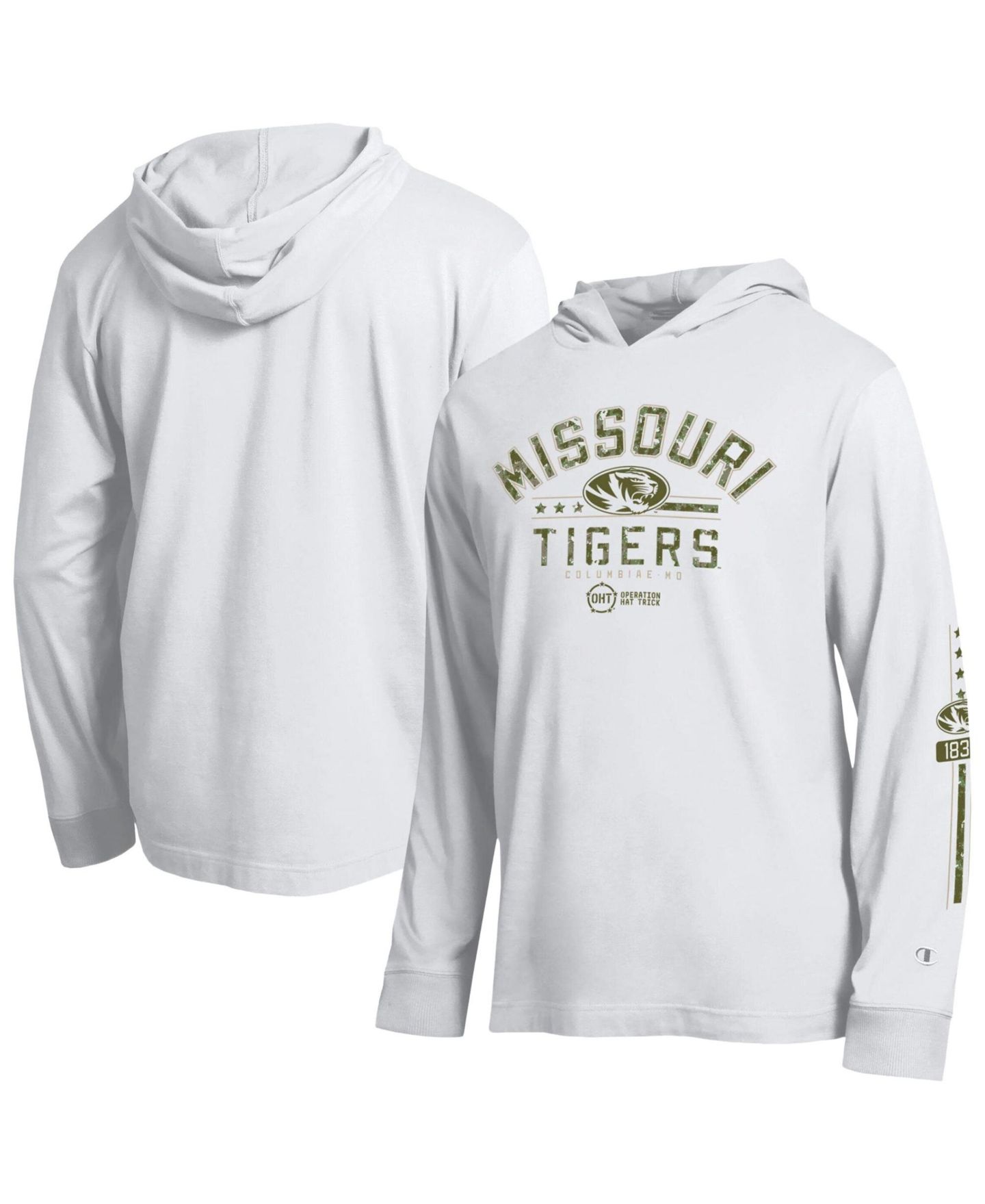 Мужская футболка Champion White Missouri Tigers Operation Hat Trick Sleeve Line Hooded Long-Sleeve — фото 1