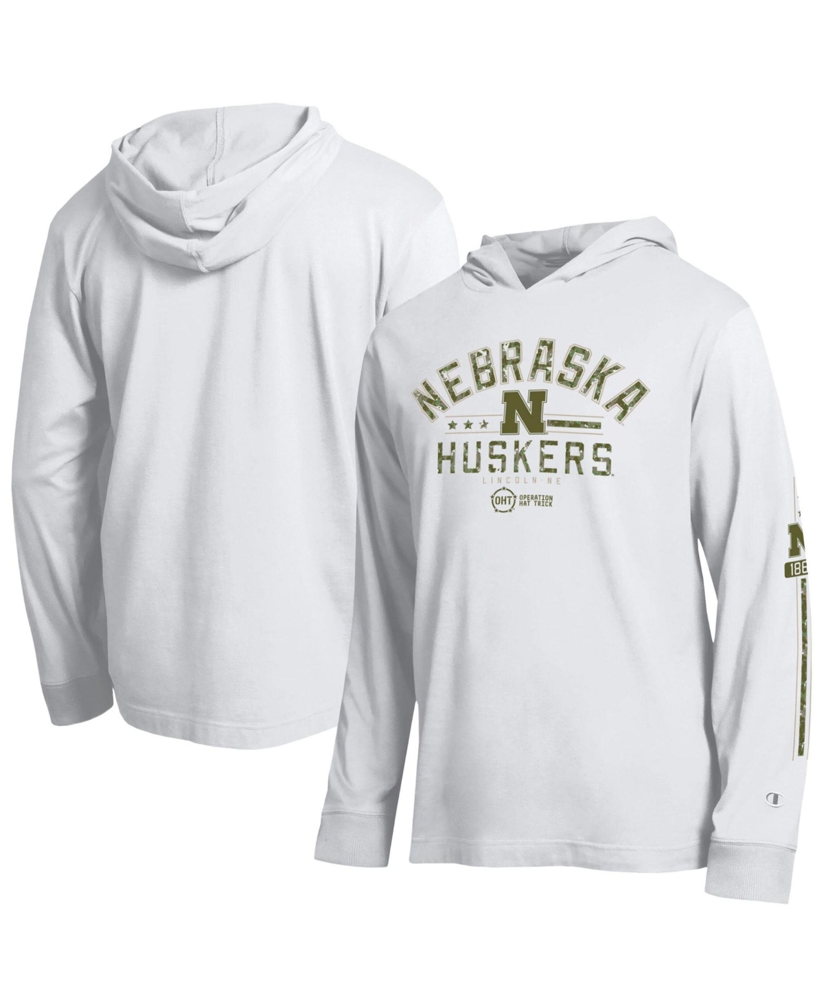 Champion Men's White Nebraska Huskers Operation Hat Trick Sleeve Line Hooded Long-Sleeve T-Shirt - White
