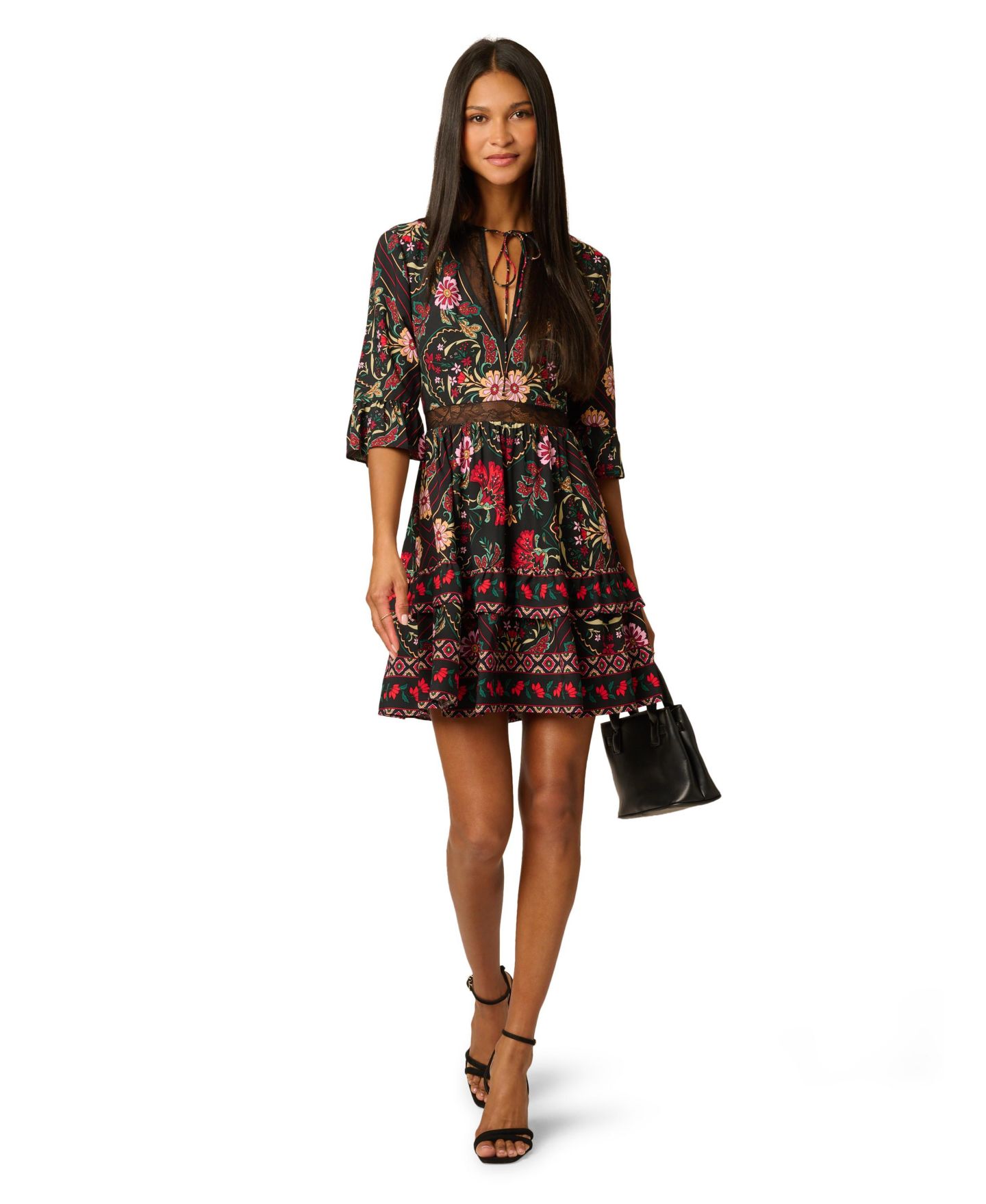 Женское платье Adrianna Papell Short-Sleeve Midi Floral-Print, цвет: Чёрный разноцветный — фото 2