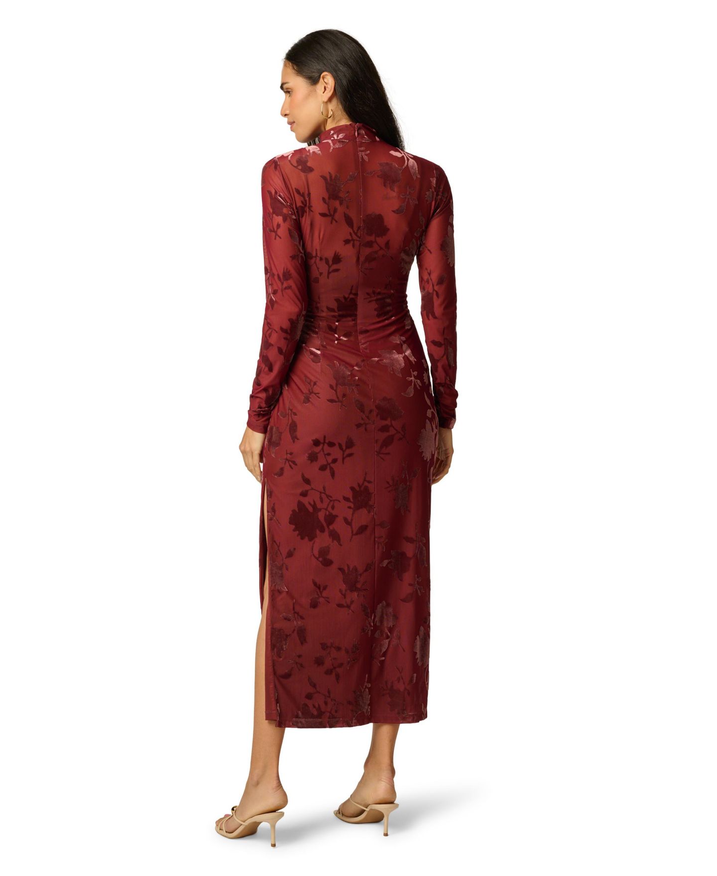 Женское платье Adrianna Papell Velvet Burnout Midi Long-Sleeve Mock-Neck Floral, цвет: Каштаново-рыжий — фото 5