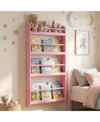 4-Tier Kids Wall Bookshelf with Safety Rails and Book & Toy Storage Organizer