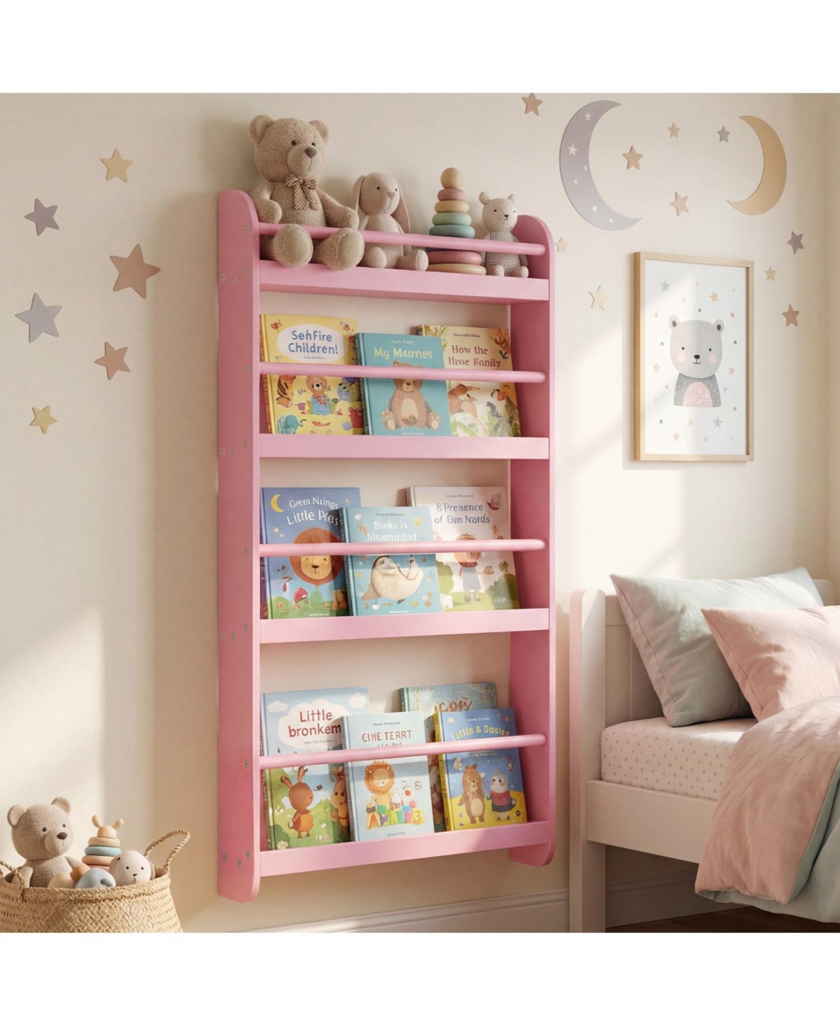 Boyel Living 4-Tier Kids Wall Bookshelf with Safety Rails and Book & Toy Storage Organizer - Pink