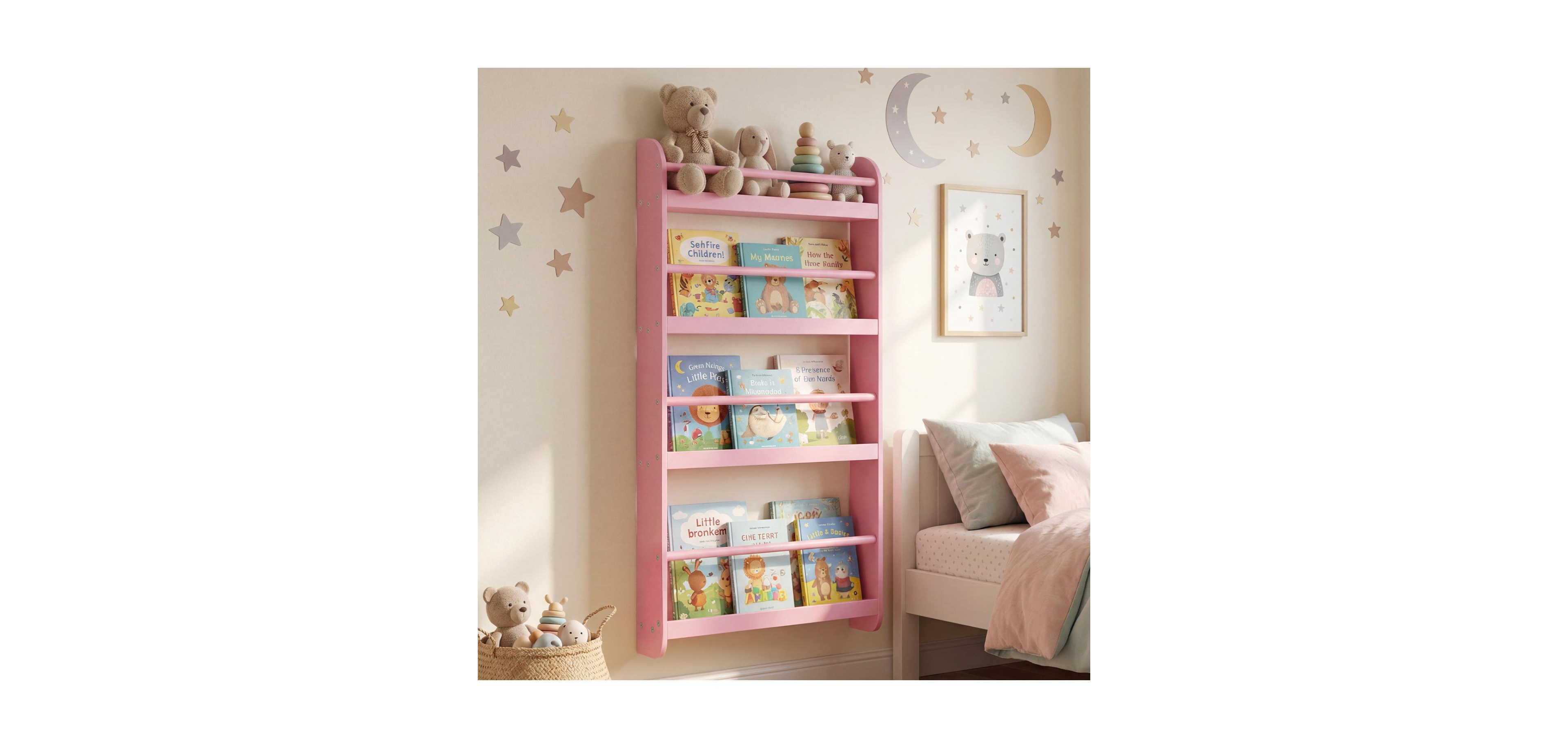 Boyel Living 4-Tier Kids Wall Bookshelf with Safety Rails and Book & Toy Storage Organizer