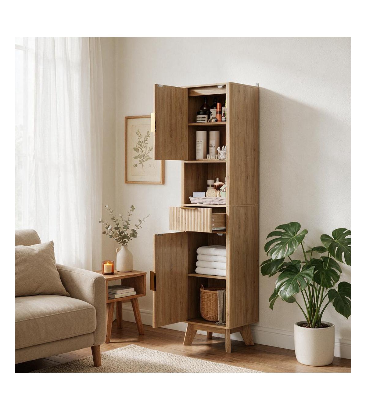 homfan 67" Tall Narrow Bathroom Cabinet with 2 Doors, Open Storage and 1 Drawer, Freestanding Slim for Kitchen Entryway